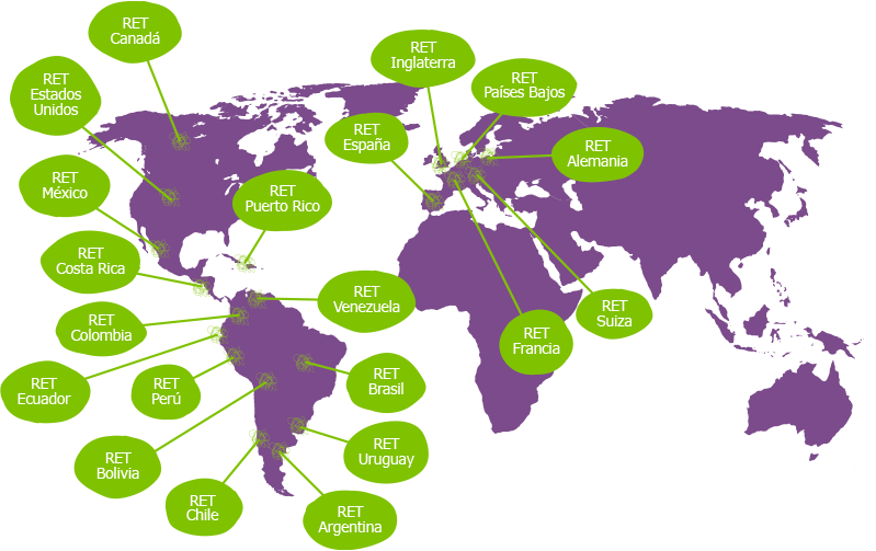 Mapa con países alcanzados por el curso RET, entre ellos Canadá, Argentina, España y Alemania